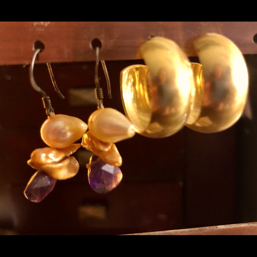 Vintage Gold Hoop earrings & Golden & purple set dangling beaded earrings Set 2